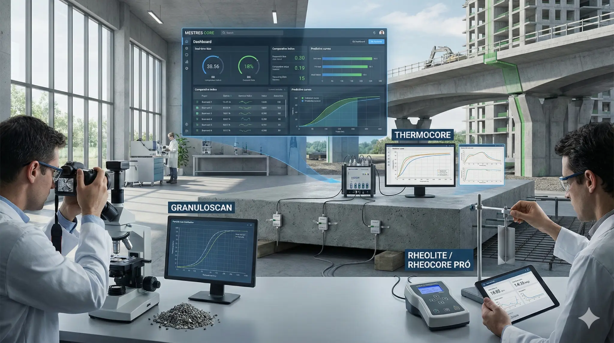 Laboratório MESTRES CORE - GRANULOSCAN, THERMOCORE e RHEOCORE PRÓ em contexto de obra de infraestrutura